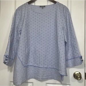 Habitat Size Large Top Blue White Stripe Dotted Tunic 3/4 Sleeve Lagenlook Artsy